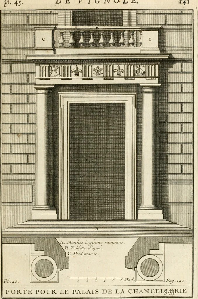 An illustration from Cours d'architecture : qui comprend Les ordres de Vignole, avec des commentaires, les figures & les descriptions de ses plus beaux bâtimens, & de ceux de Michel-Ange, des instructions et des preceptes, & plusieurs nouveaux desseins concernans la distribution & la décoration, la matière & la construction des édifices, la maçonnerie, la charpenterie, la couverture, la serrurerie, la menuiserie, le jardinage, & géneralement tout ce qui regarde l'art de bastir, 1738, leaf 210