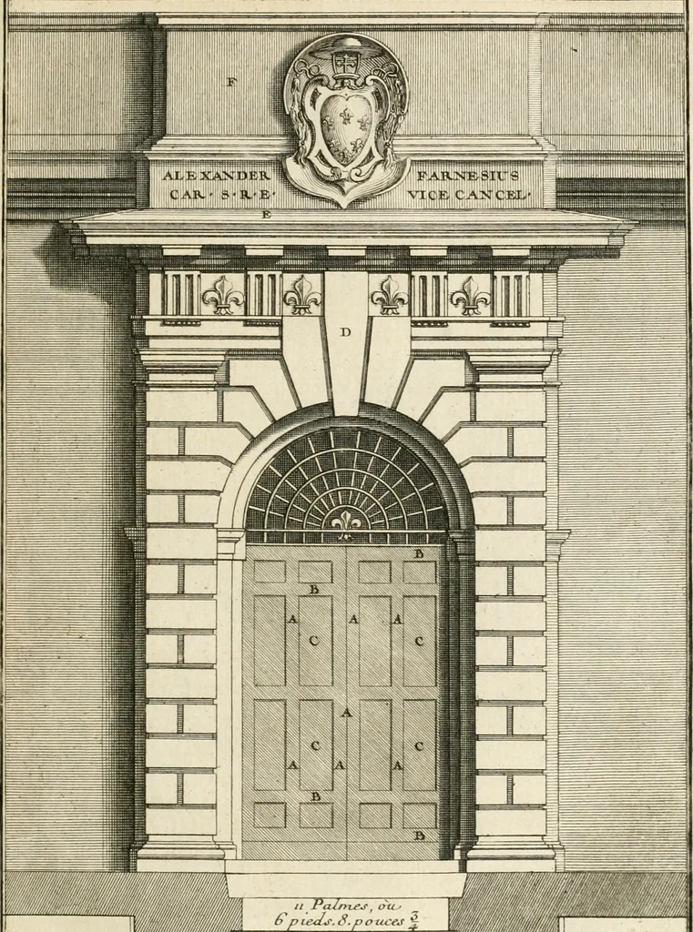 An illustration from Cours d'architecture : qui comprend Les ordres de Vignole, avec des commentaires, les figures & les descriptions de ses plus beaux bâtimens, & de ceux de Michel-Ange, des instructions et des preceptes, & plusieurs nouveaux desseins concernans la distribution & la décoration, la matière & la construction des édifices, la maçonnerie, la charpenterie, la couverture, la serrurerie, la menuiserie, le jardinage, & géneralement tout ce qui regarde l'art de bastir, 1738, leaf 212
