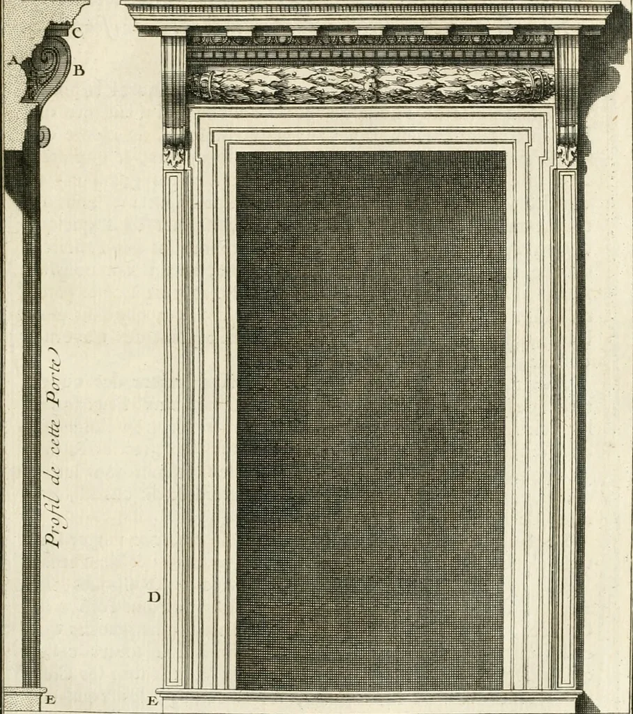 An illustration from Cours d'architecture : qui comprend Les ordres de Vignole, avec des commentaires, les figures & les descriptions de ses plus beaux bâtimens, & de ceux de Michel-Ange, des instructions et des preceptes, & plusieurs nouveaux desseins concernans la distribution & la décoration, la matière & la construction des édifices, la maçonnerie, la charpenterie, la couverture, la serrurerie, la menuiserie, le jardinage, & géneralement tout ce qui regarde l'art de bastir, 1738, leaf 216