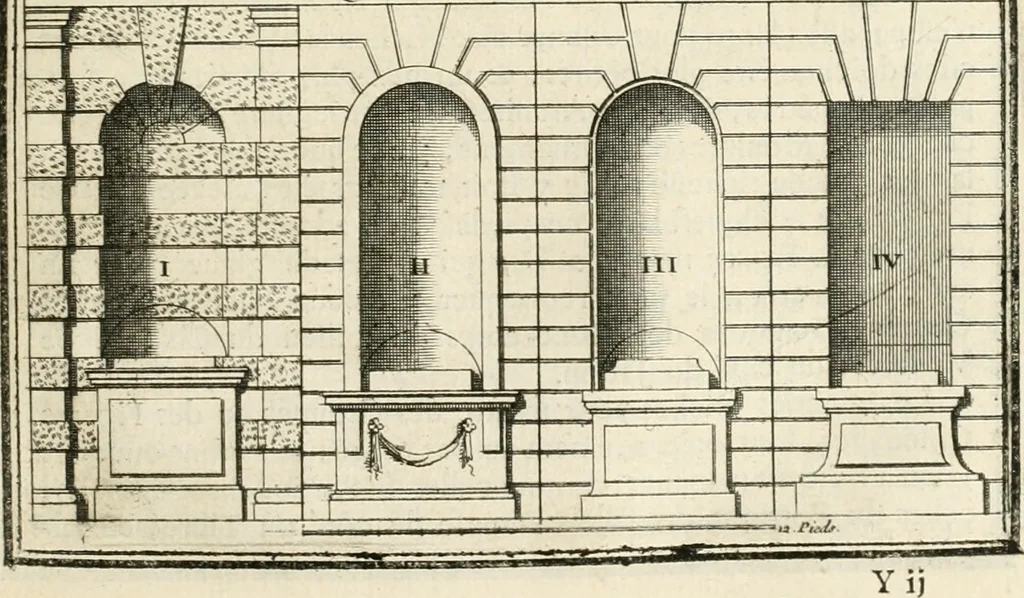 An illustration from Cours d'architecture : qui comprend Les ordres de Vignole, avec des commentaires, les figures & les descriptions de ses plus beaux bâtimens, & de ceux de Michel-Ange, des instructions et des preceptes, & plusieurs nouveaux desseins concernans la distribution & la décoration, la matière & la construction des édifices, la maçonnerie, la charpenterie, la couverture, la serrurerie, la menuiserie, le jardinage, & géneralement tout ce qui regarde l'art de bastir, 1738, leaf 242