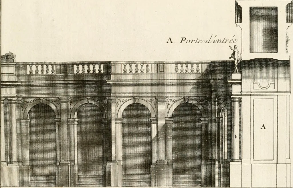 An illustration from Cours d'architecture : qui comprend Les ordres de Vignole, avec des commentaires, les figures & les descriptions de ses plus beaux bâtimens, & de ceux de Michel-Ange, des instructions et des preceptes, & plusieurs nouveaux desseins concernans la distribution & la décoration, la matière & la construction des édifices, la maçonnerie, la charpenterie, la couverture, la serrurerie, la menuiserie, le jardinage, & géneralement tout ce qui regarde l'art de bastir, 1738, leaf 322