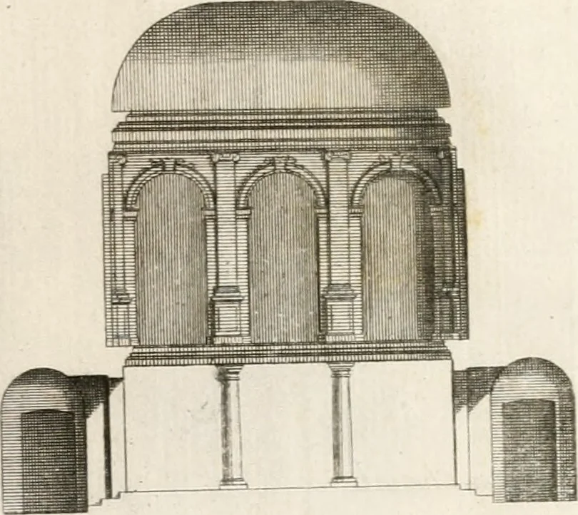 An illustration from Cours d'architecture : qui comprend Les ordres de Vignole, avec des commentaires, les figures & les descriptions de ses plus beaux bâtimens, & de ceux de Michel-Ange, des instructions et des preceptes, & plusieurs nouveaux desseins concernans la distribution & la décoration, la matière & la construction des édifices, la maçonnerie, la charpenterie, la couverture, la serrurerie, la menuiserie, le jardinage, & géneralement tout ce qui regarde l'art de bastir, 1738, leaf 344
