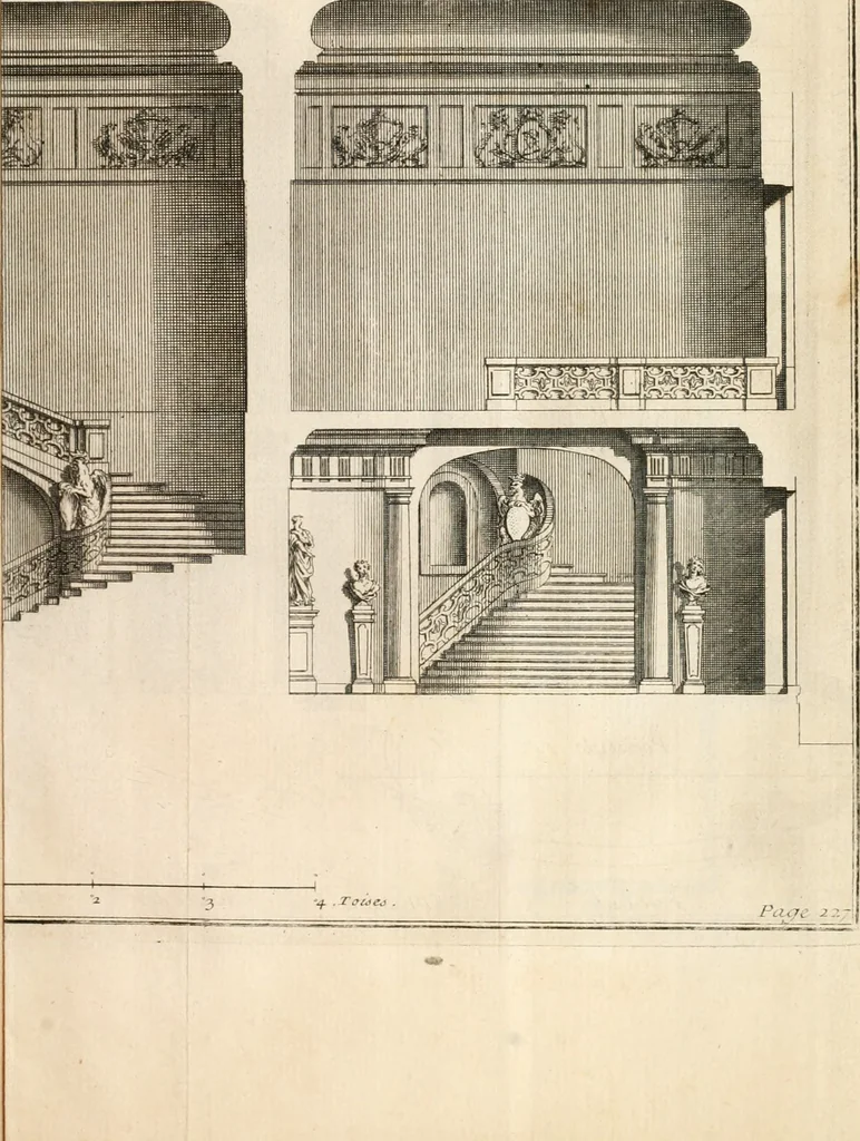 An illustration from Cours d'architecture : qui comprend Les ordres de Vignole, avec des commentaires, les figures & les descriptions de ses plus beaux bâtimens, & de ceux de Michel-Ange, des instructions et des preceptes, & plusieurs nouveaux desseins concernans la distribution & la décoration, la matière & la construction des édifices, la maçonnerie, la charpenterie, la couverture, la serrurerie, la menuiserie, le jardinage, & géneralement tout ce qui regarde l'art de bastir, 1738, leaf 350