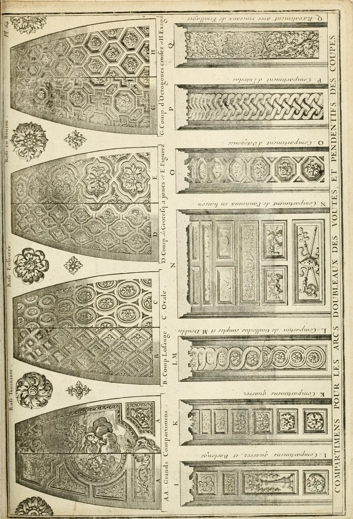 An illustration from Cours d'architecture : qui comprend Les ordres de Vignole, avec des commentaires, les figures & les descriptions de ses plus beaux bâtimens, & de ceux de Michel-Ange, des instructions et des preceptes, & plusieurs nouveaux desseins concernans la distribution & la décoration, la matière & la construction des édifices, la maçonnerie, la charpenterie, la couverture, la serrurerie, la menuiserie, le jardinage, & géneralement tout ce qui regarde l'art de bastir, 1738, leaf 354