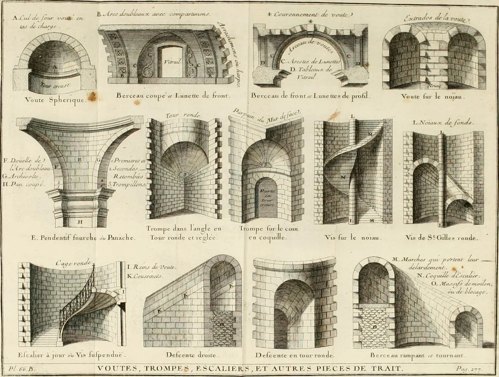 An illustration from Cours d'architecture : qui comprend Les ordres de Vignole, avec des commentaires, les figures & les descriptions de ses plus beaux bâtimens, & de ceux de Michel-Ange, des instructions et des preceptes, & plusieurs nouveaux desseins concernans la distribution & la décoration, la matière & la construction des édifices, la maçonnerie, la charpenterie, la couverture, la serrurerie, la menuiserie, le jardinage, & géneralement tout ce qui regarde l'art de bastir, 1738, leaf 423