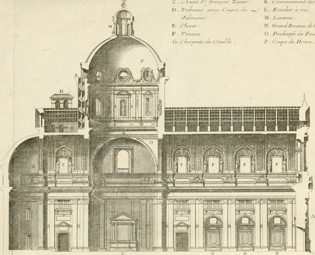 An illustration from Cours d'architecture : qui comprend Les ordres de Vignole, avec des commentaires, les figures & les descriptions de ses plus beaux bâtimens, & de ceux de Michel-Ange, des instructions et des preceptes, & plusieurs nouveaux desseins concernans la distribution & la décoration, la matière & la construction des édifices, la maçonnerie, la charpenterie, la couverture, la serrurerie, la menuiserie, le jardinage, & géneralement tout ce qui regarde l'art de bastir, 1738, leaf 438