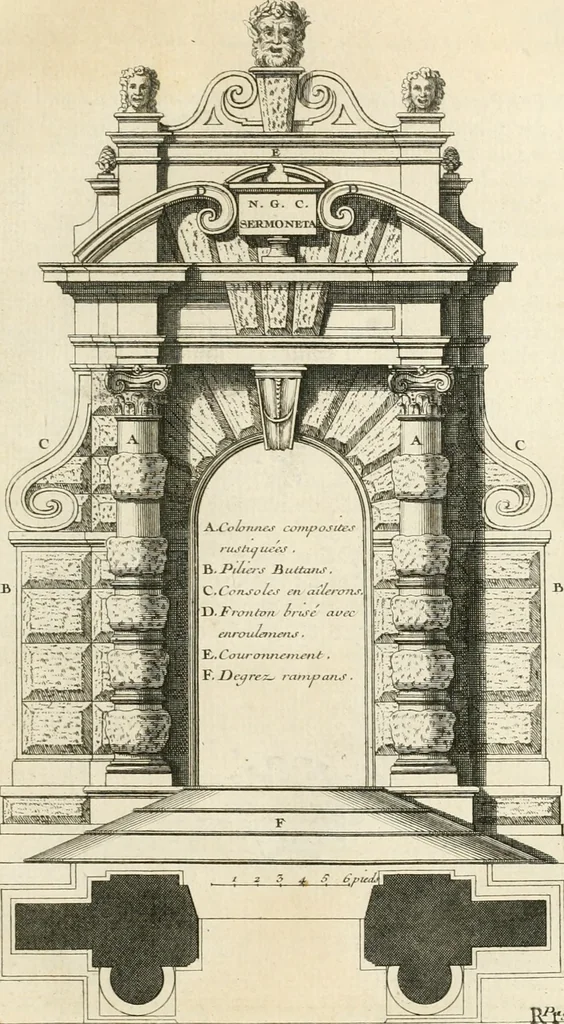 An illustration from Cours d'architecture : qui comprend Les ordres de Vignole, avec des commentaires, les figures & les descriptions de ses plus beaux bâtimens, & de ceux de Michel-Ange, des instructions et des preceptes, & plusieurs nouveaux desseins concernans la distribution & la décoration, la matière & la construction des édifices, la maçonnerie, la charpenterie, la couverture, la serrurerie, la menuiserie, le jardinage, & géneralement tout ce qui regarde l'art de bastir, 1738, leaf 468