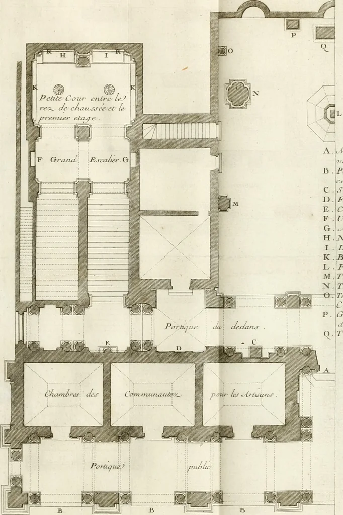 An illustration from Cours d'architecture : qui comprend Les ordres de Vignole, avec des commentaires, les figures & les descriptions de ses plus beaux bâtimens, & de ceux de Michel-Ange, des instructions et des preceptes, & plusieurs nouveaux desseins concernans la distribution & la décoration, la matière & la construction des édifices, la maçonnerie, la charpenterie, la couverture, la serrurerie, la menuiserie, le jardinage, & géneralement tout ce qui regarde l'art de bastir, 1738, leaf 474