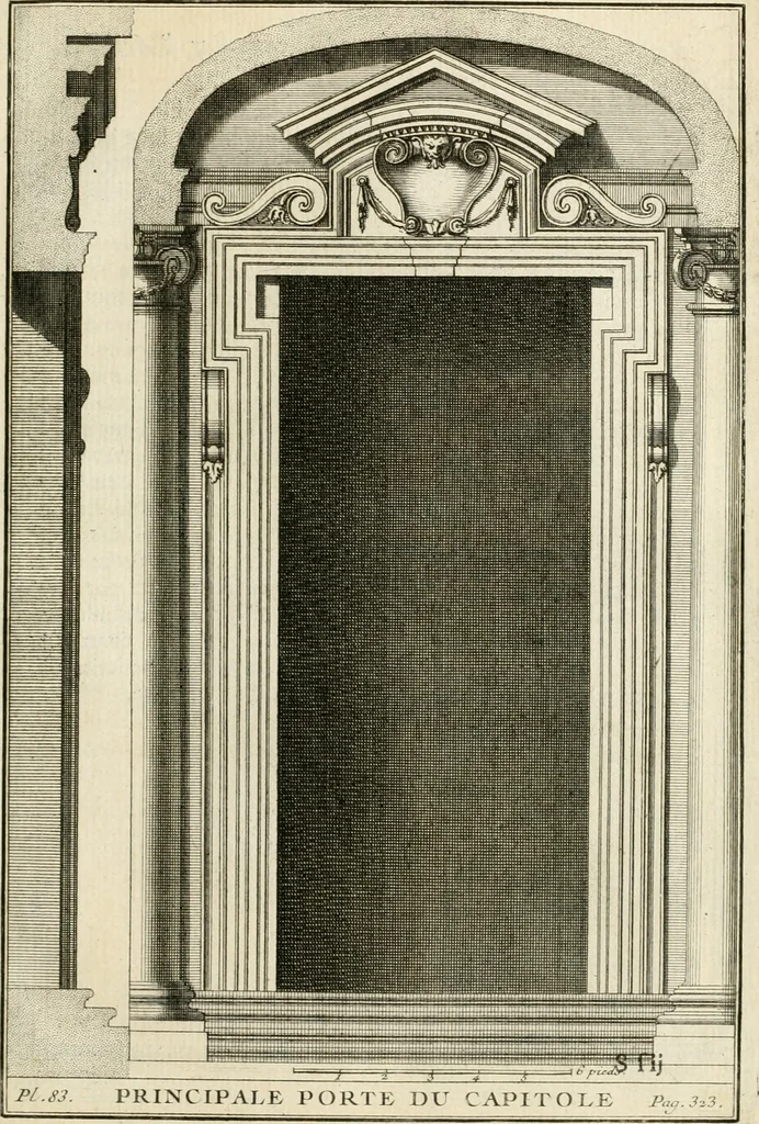 An illustration from Cours d'architecture : qui comprend Les ordres de Vignole, avec des commentaires, les figures & les descriptions de ses plus beaux bâtimens, & de ceux de Michel-Ange, des instructions et des preceptes, & plusieurs nouveaux desseins concernans la distribution & la décoration, la matière & la construction des édifices, la maçonnerie, la charpenterie, la couverture, la serrurerie, la menuiserie, le jardinage, & géneralement tout ce qui regarde l'art de bastir, 1738, leaf 482