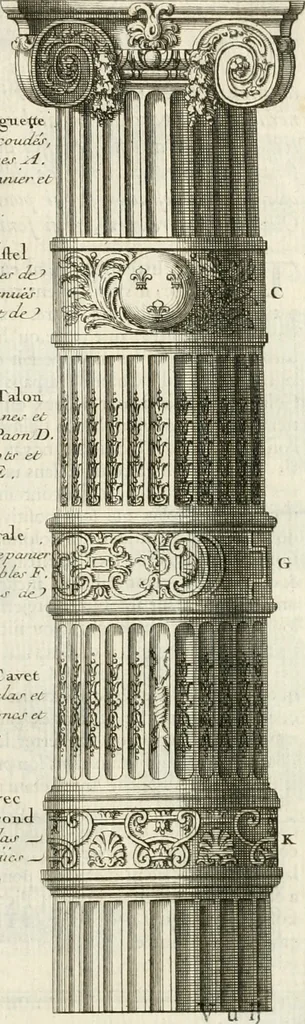 An illustration from Cours d'architecture : qui comprend Les ordres de Vignole, avec des commentaires, les figures & les descriptions de ses plus beaux bâtimens, & de ceux de Michel-Ange, des instructions et des preceptes, & plusieurs nouveaux desseins concernans la distribution & la décoration, la matière & la construction des édifices, la maçonnerie, la charpenterie, la couverture, la serrurerie, la menuiserie, le jardinage, & géneralement tout ce qui regarde l'art de bastir, 1738, leaf 498