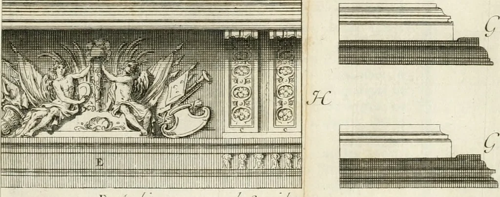 An illustration from Cours d'architecture : qui comprend Les ordres de Vignole, avec des commentaires, les figures & les descriptions de ses plus beaux bâtimens, & de ceux de Michel-Ange, des instructions et des preceptes, & plusieurs nouveaux desseins concernans la distribution & la décoration, la matière & la construction des édifices, la maçonnerie, la charpenterie, la couverture, la serrurerie, la menuiserie, le jardinage, & géneralement tout ce qui regarde l'art de bastir, 1738, leaf 538