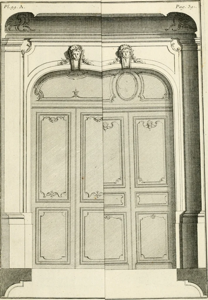 An illustration from Cours d'architecture : qui comprend Les ordres de Vignole, avec des commentaires, les figures & les descriptions de ses plus beaux bâtimens, & de ceux de Michel-Ange, des instructions et des preceptes, & plusieurs nouveaux desseins concernans la distribution & la décoration, la matière & la construction des édifices, la maçonnerie, la charpenterie, la couverture, la serrurerie, la menuiserie, le jardinage, & géneralement tout ce qui regarde l'art de bastir, 1738, leaf 562