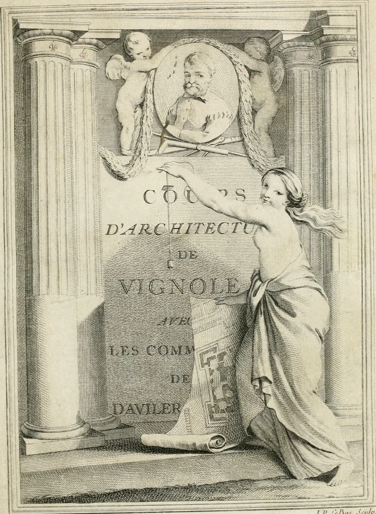 An illustration from Cours d'architecture : qui comprend Les ordres de Vignole, avec des commentaires, les figures & les descriptions de ses plus beaux bâtimens, & de ceux de Michel-Ange, des instructions et des preceptes, & plusieurs nouveaux desseins concernans la distribution & la décoration, la matière & la construction des édifices, la maçonnerie, la charpenterie, la couverture, la serrurerie, la menuiserie, le jardinage, & géneralement tout ce qui regarde l'art de bastir, 1738, leaf 6