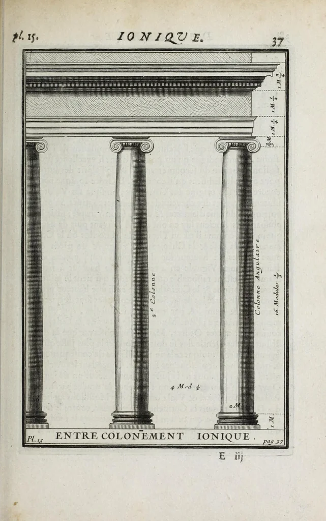 An illustration from Cours d'architecture qui comprend les ordres de Vignole : avec des commentaires, les figures & descriptions de ses plus beaux bâtimens, & de ceux de Michel-Ange ... & tout ce qui regarde l'art de bâtir : avec une ample explication par ordre alphabetique de tous les termes, 1691, leaf 141