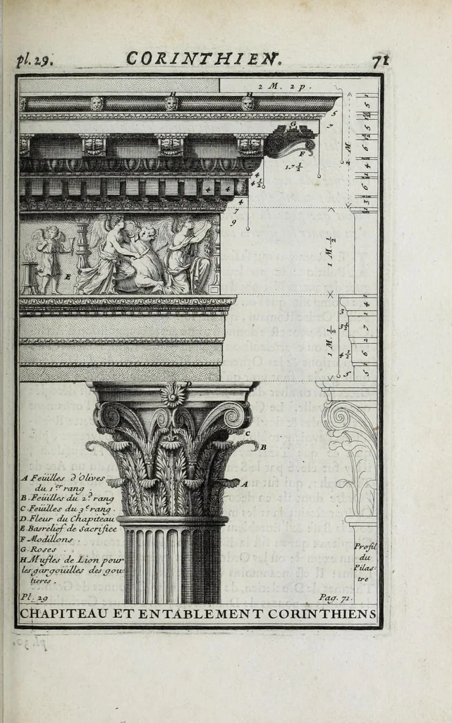An illustration from Cours d'architecture qui comprend les ordres de Vignole : avec des commentaires, les figures & descriptions de ses plus beaux bâtimens, & de ceux de Michel-Ange ... & tout ce qui regarde l'art de bâtir : avec une ample explication par ordre alphabetique de tous les termes, 1691, leaf 175