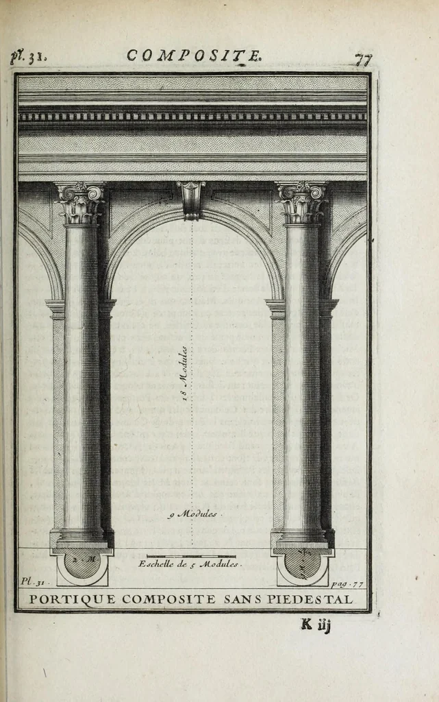 An illustration from Cours d'architecture qui comprend les ordres de Vignole : avec des commentaires, les figures & descriptions de ses plus beaux bâtimens, & de ceux de Michel-Ange ... & tout ce qui regarde l'art de bâtir : avec une ample explication par ordre alphabetique de tous les termes, 1691, leaf 181
