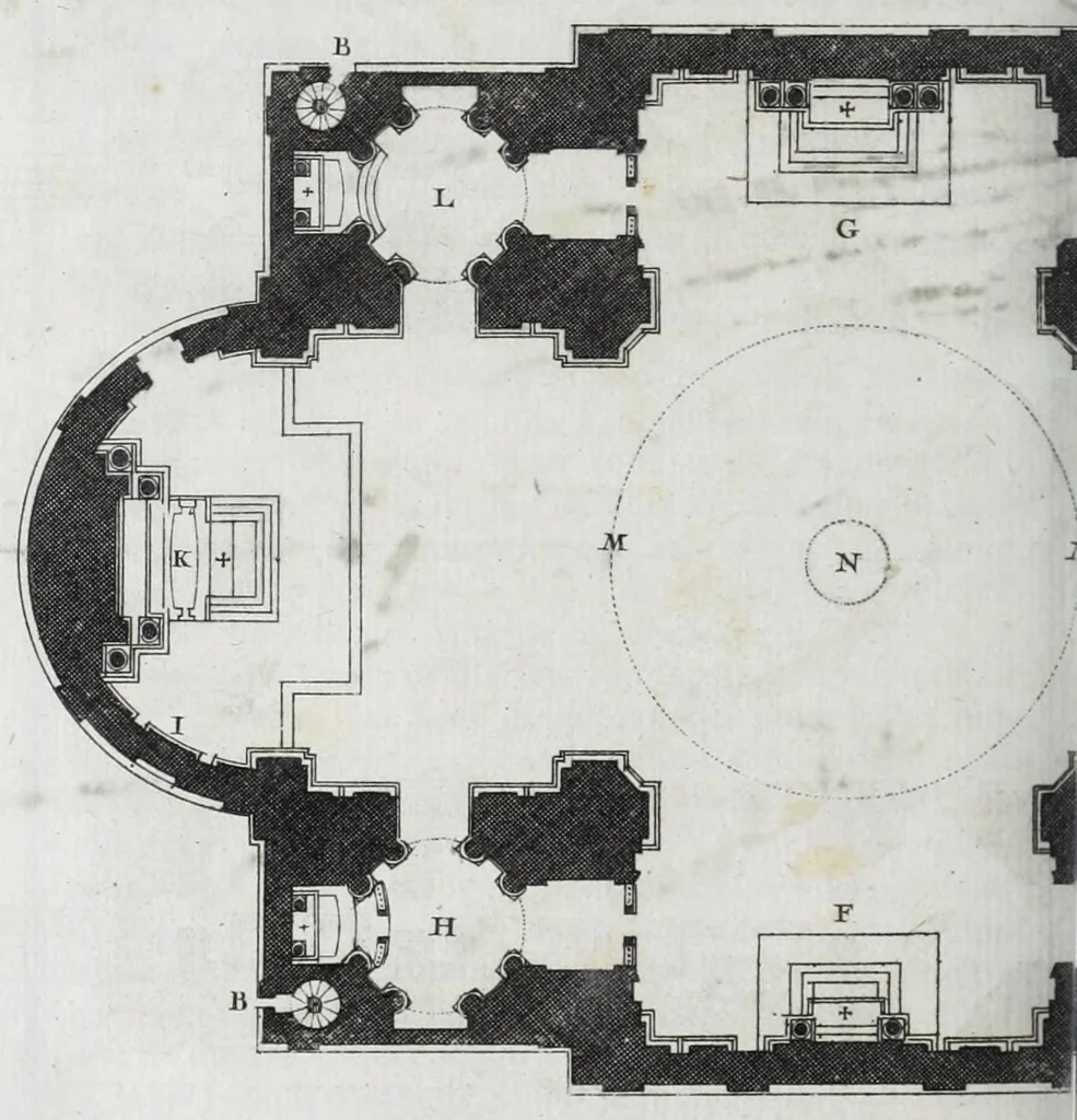 An illustration from Cours d'architecture qui comprend les ordres de Vignole : avec des commentaires, les figures & descriptions de ses plus beaux bâtimens, & de ceux de Michel-Ange ... & tout ce qui regarde l'art de bâtir : avec une ample explication par ordre alphabetique de tous les termes, 1691, leaf 420