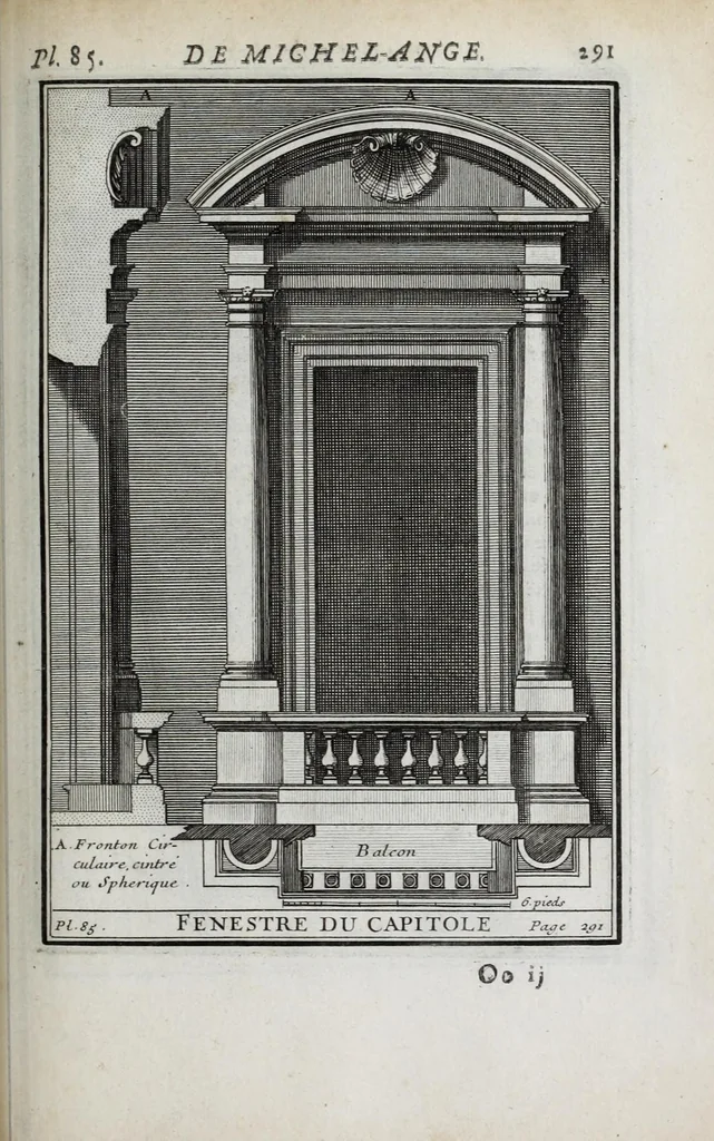 An illustration from Cours d'architecture qui comprend les ordres de Vignole : avec des commentaires, les figures & descriptions de ses plus beaux bâtimens, & de ceux de Michel-Ange ... & tout ce qui regarde l'art de bâtir : avec une ample explication par ordre alphabetique de tous les termes, 1691, leaf 483