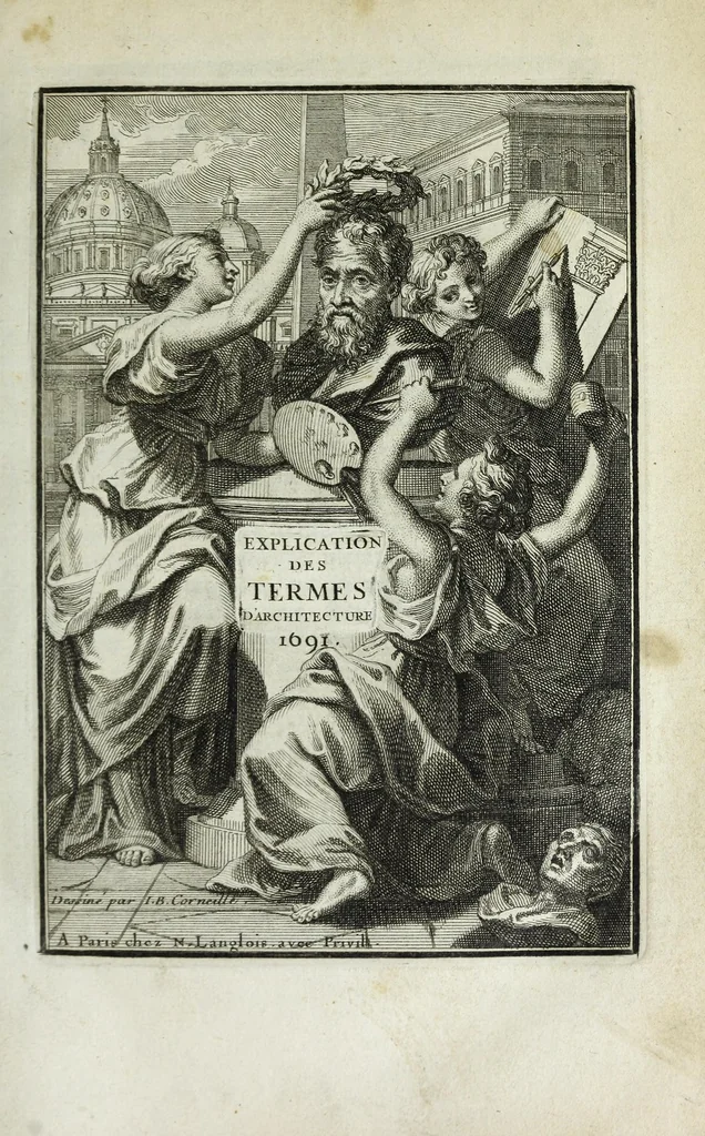 An illustration from Cours d'architecture qui comprend les ordres de Vignole : avec des commentaires, les figures & descriptions de ses plus beaux bâtimens, & de ceux de Michel-Ange ... & tout ce qui regarde l'art de bâtir : avec une ample explication par ordre alphabetique de tous les termes, 1691, leaf 11