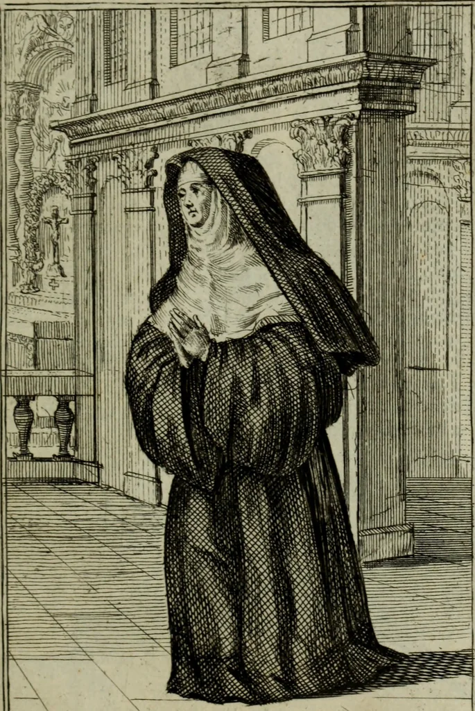 An illustration from Courte description des ordres des femmes & filles religieuses. Contenant une petite relation de leur origine, de leur progrés, & de leur confirmation. Avec les figures de leurs habits, gravez, 1691, leaf 100