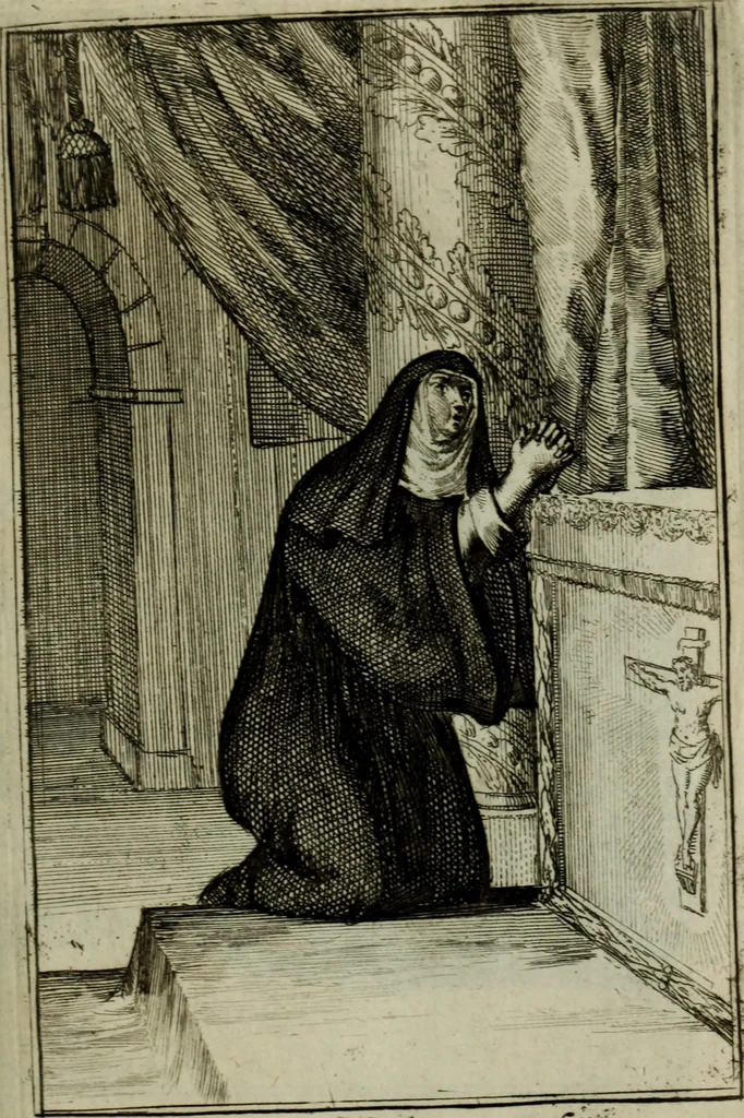 An illustration from Courte description des ordres des femmes & filles religieuses. Contenant une petite relation de leur origine, de leur progrés, & de leur confirmation. Avec les figures de leurs habits, gravez, 1691, leaf 102