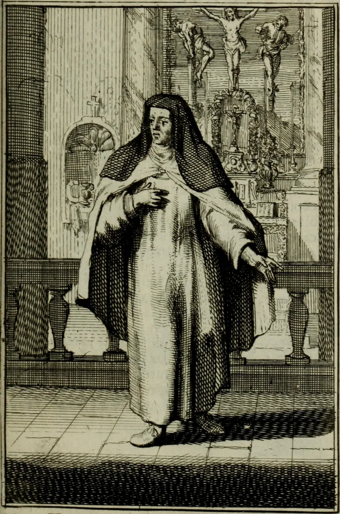 An illustration from Courte description des ordres des femmes & filles religieuses. Contenant une petite relation de leur origine, de leur progrés, & de leur confirmation. Avec les figures de leurs habits, gravez, 1691, leaf 106