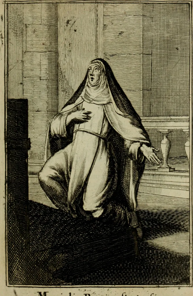 An illustration from Courte description des ordres des femmes & filles religieuses. Contenant une petite relation de leur origine, de leur progrés, & de leur confirmation. Avec les figures de leurs habits, gravez, 1691, leaf 128