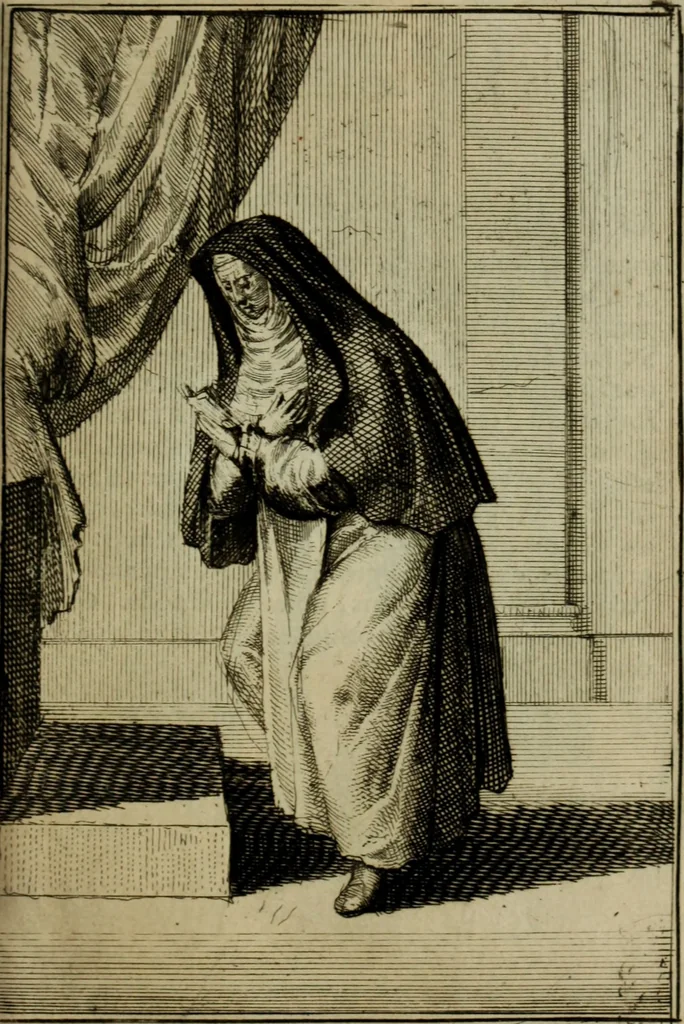 An illustration from Courte description des ordres des femmes & filles religieuses. Contenant une petite relation de leur origine, de leur progrés, & de leur confirmation. Avec les figures de leurs habits, gravez, 1691, leaf 130