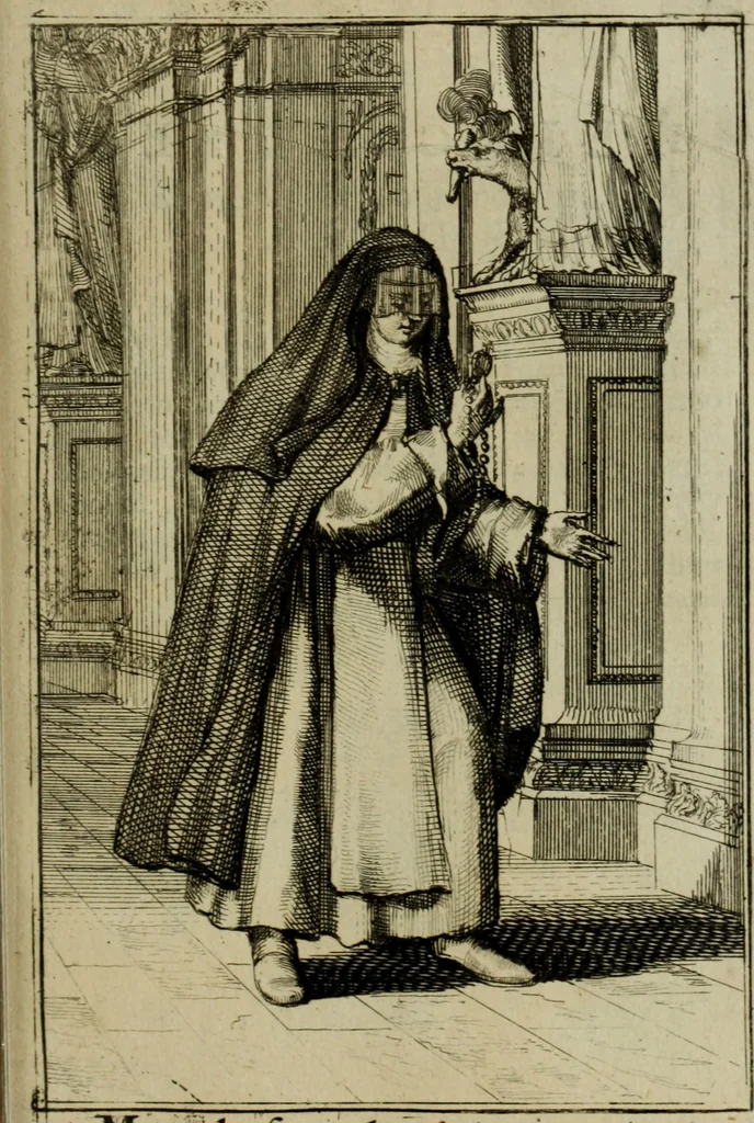 An illustration from Courte description des ordres des femmes & filles religieuses. Contenant une petite relation de leur origine, de leur progrés, & de leur confirmation. Avec les figures de leurs habits, gravez, 1691, leaf 132