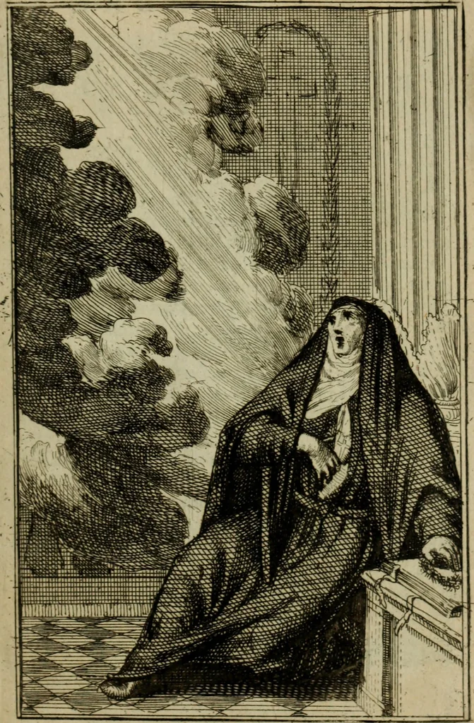 An illustration from Courte description des ordres des femmes & filles religieuses. Contenant une petite relation de leur origine, de leur progrés, & de leur confirmation. Avec les figures de leurs habits, gravez, 1691, leaf 140