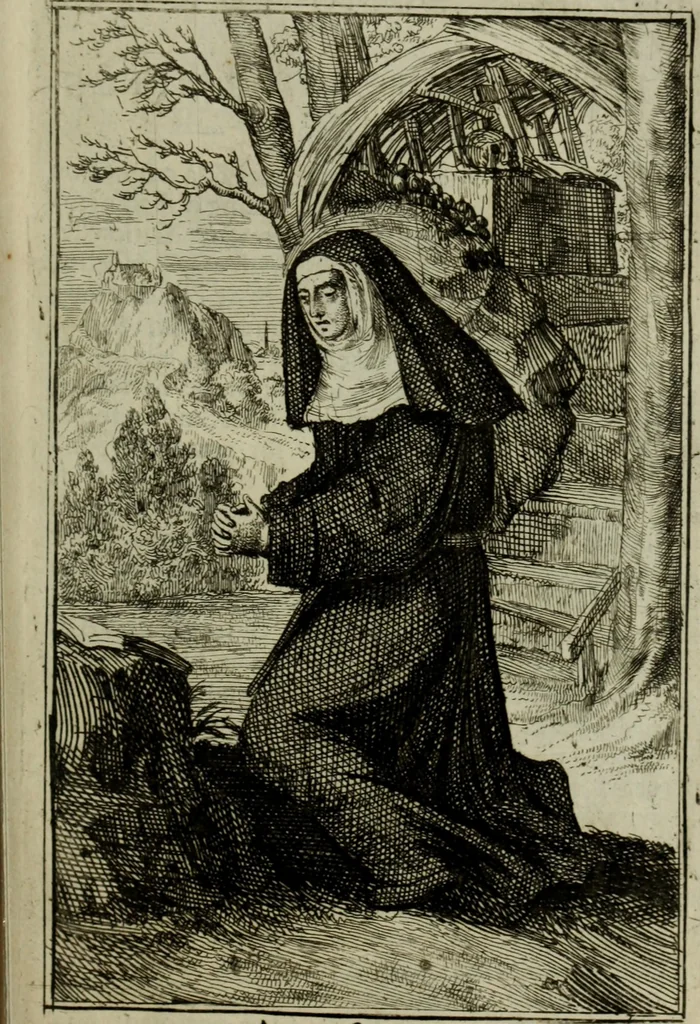 An illustration from Courte description des ordres des femmes & filles religieuses. Contenant une petite relation de leur origine, de leur progrés, & de leur confirmation. Avec les figures de leurs habits, gravez, 1691, leaf 144