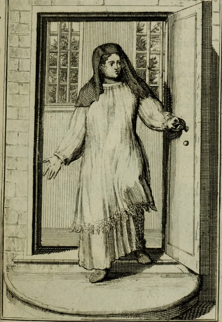 An illustration from Courte description des ordres des femmes & filles religieuses. Contenant une petite relation de leur origine, de leur progrés, & de leur confirmation. Avec les figures de leurs habits, gravez, 1691, leaf 148