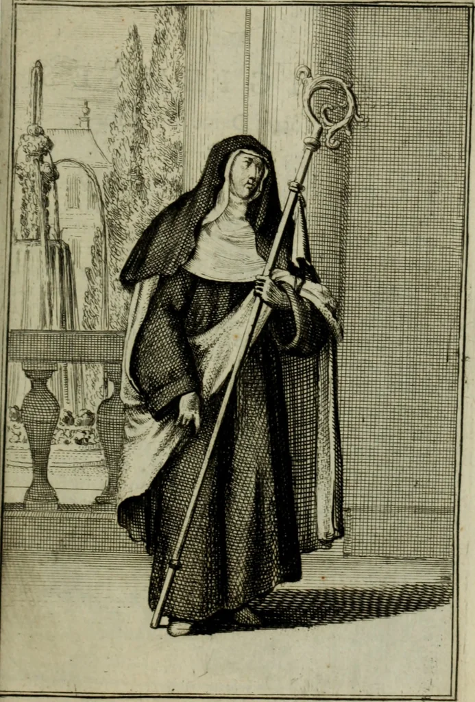 An illustration from Courte description des ordres des femmes & filles religieuses. Contenant une petite relation de leur origine, de leur progrés, & de leur confirmation. Avec les figures de leurs habits, gravez, 1691, leaf 156
