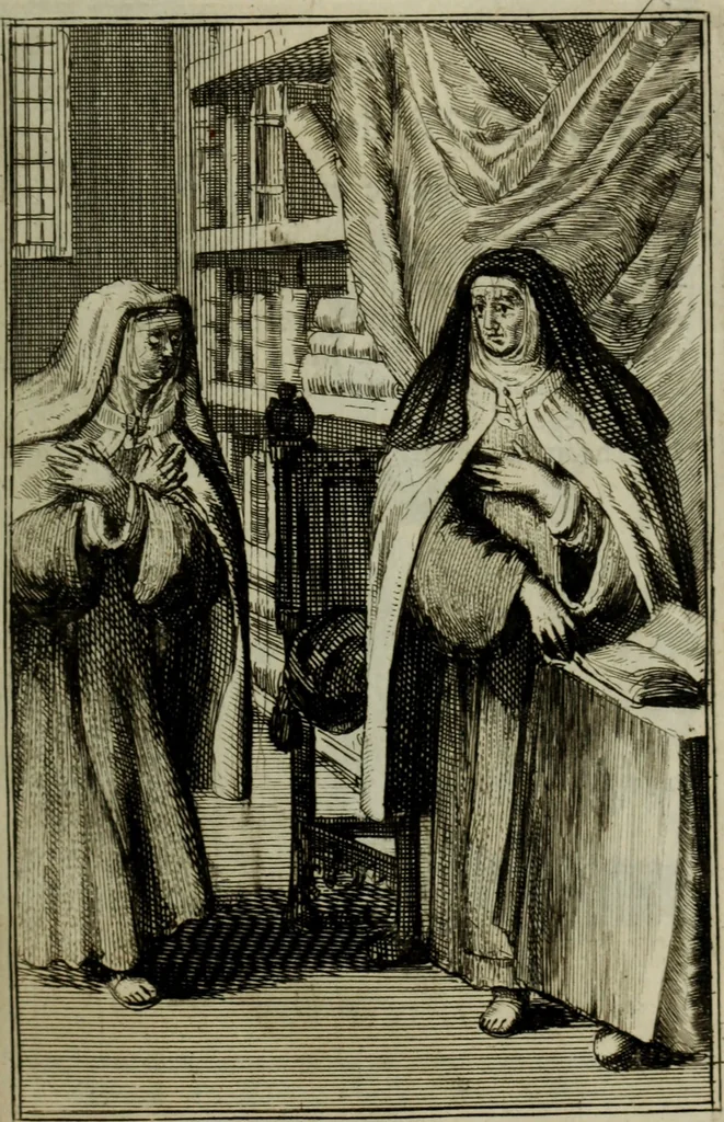 An illustration from Courte description des ordres des femmes & filles religieuses. Contenant une petite relation de leur origine, de leur progrés, & de leur confirmation. Avec les figures de leurs habits, gravez, 1691, leaf 166