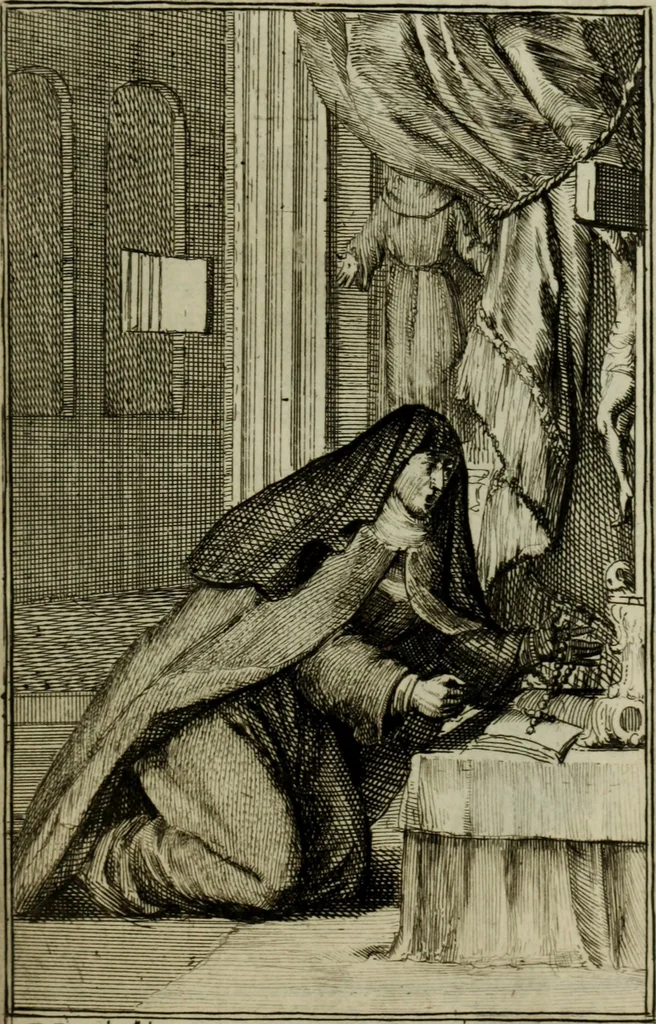 An illustration from Courte description des ordres des femmes & filles religieuses. Contenant une petite relation de leur origine, de leur progrés, & de leur confirmation. Avec les figures de leurs habits, gravez, 1691, leaf 178