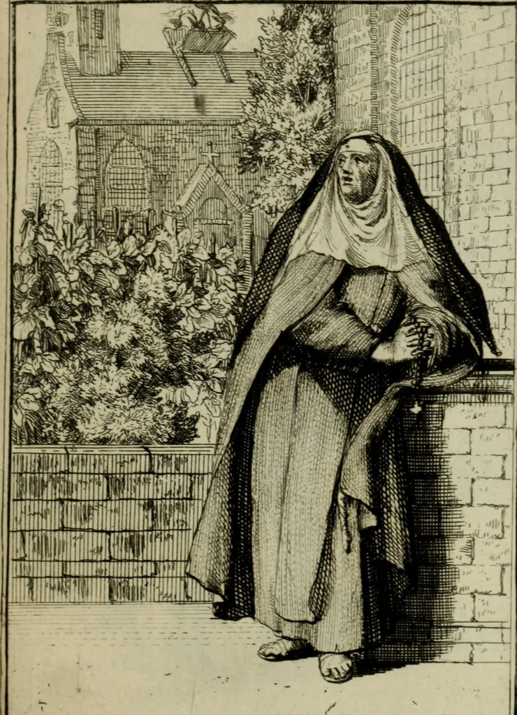 An illustration from Courte description des ordres des femmes & filles religieuses. Contenant une petite relation de leur origine, de leur progrés, & de leur confirmation. Avec les figures de leurs habits, gravez, 1691, leaf 180