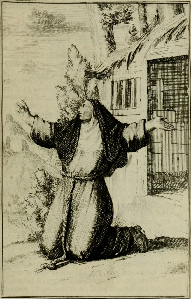 An illustration from Courte description des ordres des femmes & filles religieuses. Contenant une petite relation de leur origine, de leur progrés, & de leur confirmation. Avec les figures de leurs habits, gravez, 1691, leaf 182