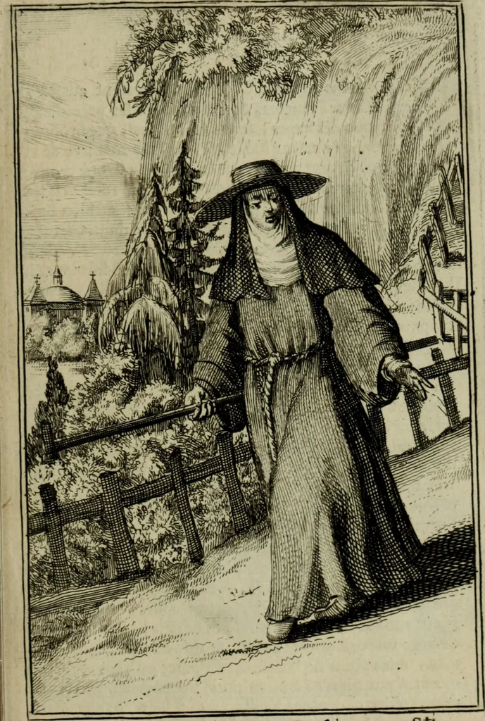 An illustration from Courte description des ordres des femmes & filles religieuses. Contenant une petite relation de leur origine, de leur progrés, & de leur confirmation. Avec les figures de leurs habits, gravez, 1691, leaf 184