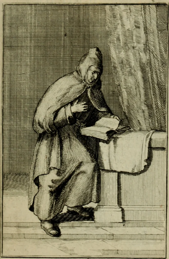 An illustration from Courte description des ordres des femmes & filles religieuses. Contenant une petite relation de leur origine, de leur progrés, & de leur confirmation. Avec les figures de leurs habits, gravez, 1691, leaf 188