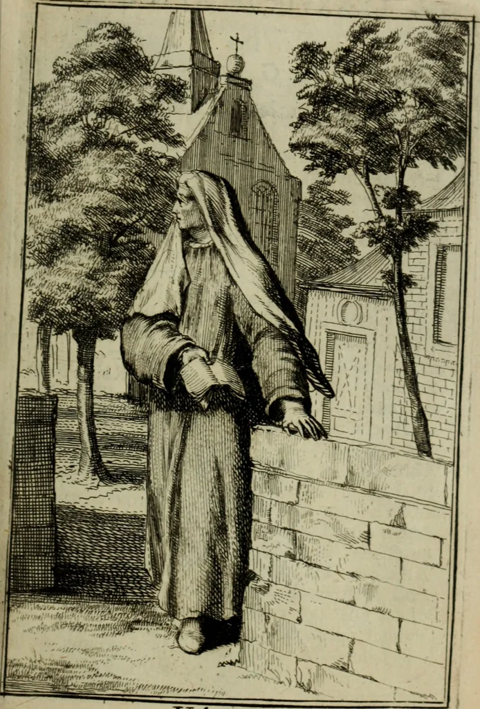 An illustration from Courte description des ordres des femmes & filles religieuses. Contenant une petite relation de leur origine, de leur progrés, & de leur confirmation. Avec les figures de leurs habits, gravez, 1691, leaf 192