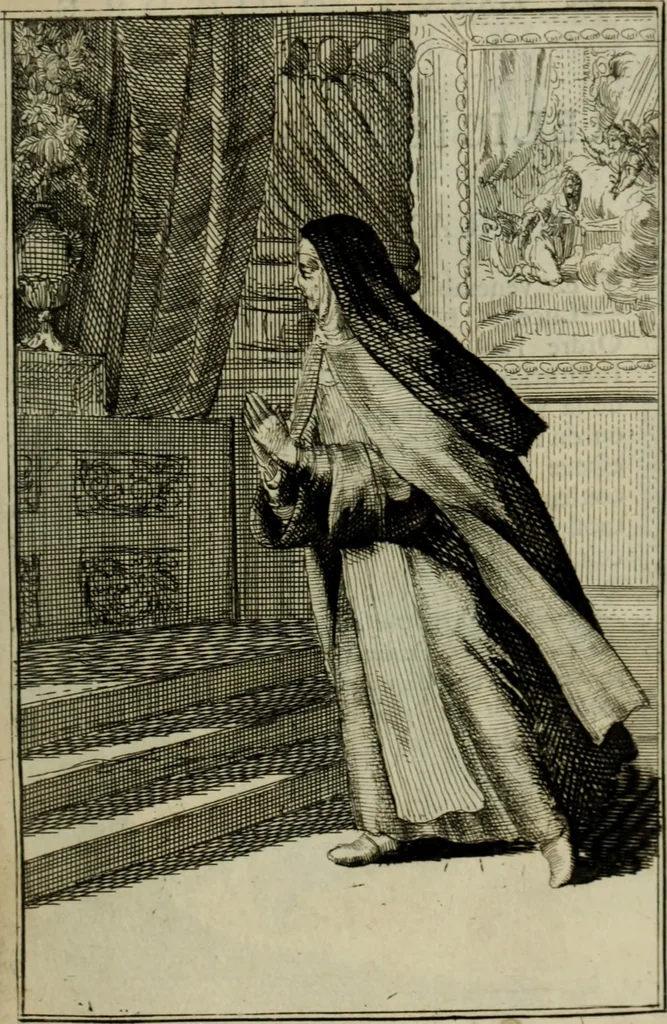 An illustration from Courte description des ordres des femmes & filles religieuses. Contenant une petite relation de leur origine, de leur progrés, & de leur confirmation. Avec les figures de leurs habits, gravez, 1691, leaf 196