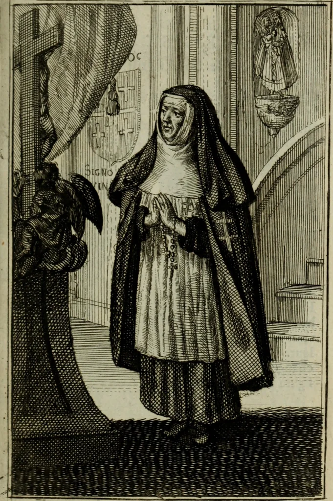 An illustration from Courte description des ordres des femmes & filles religieuses. Contenant une petite relation de leur origine, de leur progrés, & de leur confirmation. Avec les figures de leurs habits, gravez, 1691, leaf 38