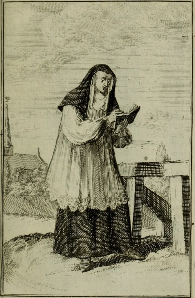 An illustration from Courte description des ordres des femmes & filles religieuses. Contenant une petite relation de leur origine, de leur progrés, & de leur confirmation. Avec les figures de leurs habits, gravez, 1691, leaf 44