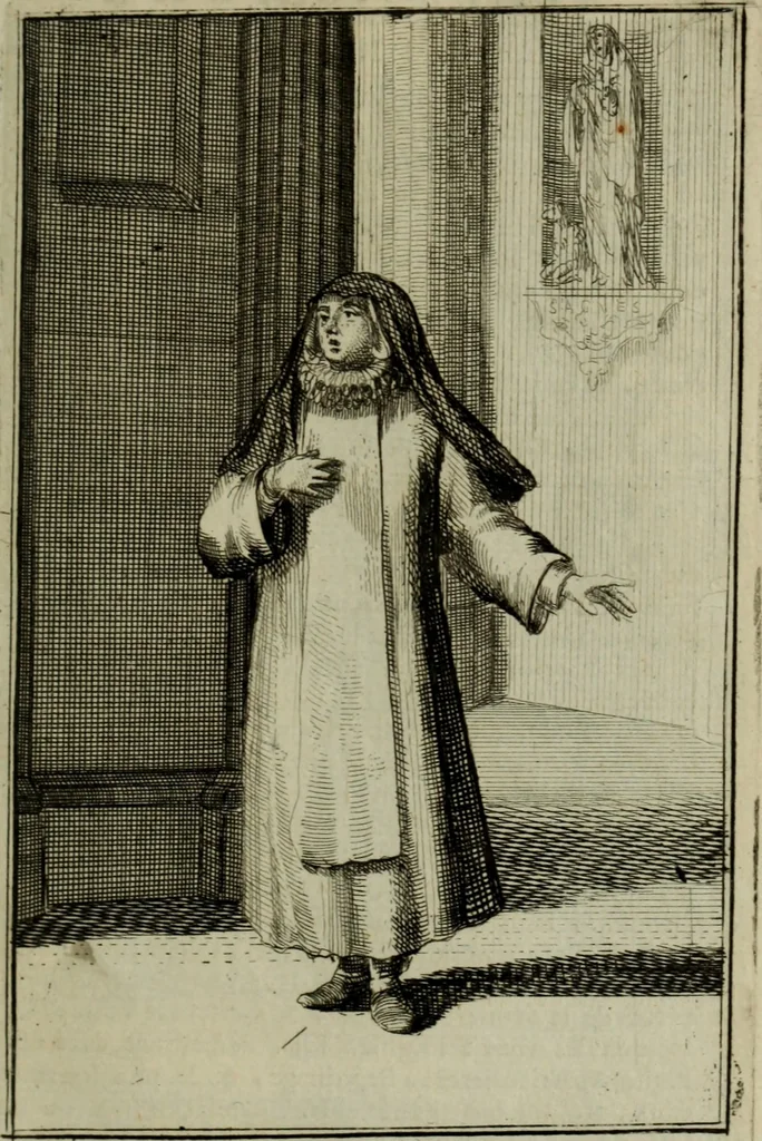 An illustration from Courte description des ordres des femmes & filles religieuses. Contenant une petite relation de leur origine, de leur progrés, & de leur confirmation. Avec les figures de leurs habits, gravez, 1691, leaf 52