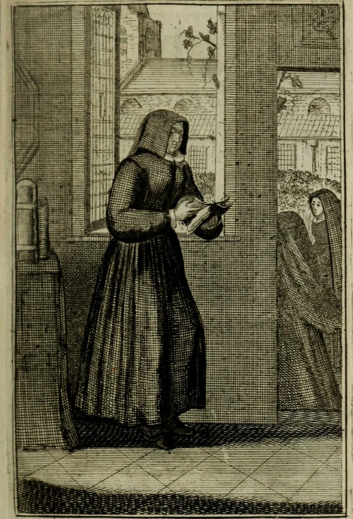 An illustration from Courte description des ordres des femmes & filles religieuses. Contenant une petite relation de leur origine, de leur progrés, & de leur confirmation. Avec les figures de leurs habits, gravez, 1691, leaf 54