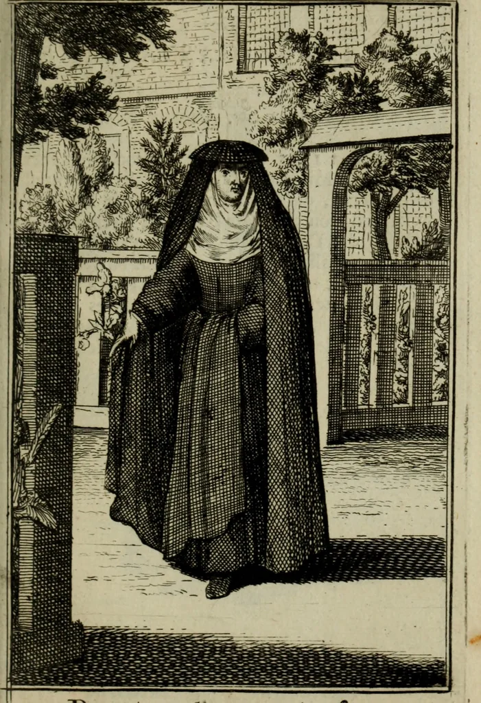 An illustration from Courte description des ordres des femmes & filles religieuses. Contenant une petite relation de leur origine, de leur progrés, & de leur confirmation. Avec les figures de leurs habits, gravez, 1691, leaf 56