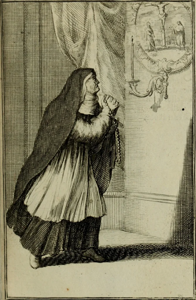 An illustration from Courte description des ordres des femmes & filles religieuses. Contenant une petite relation de leur origine, de leur progrés, & de leur confirmation. Avec les figures de leurs habits, gravez, 1691, leaf 64