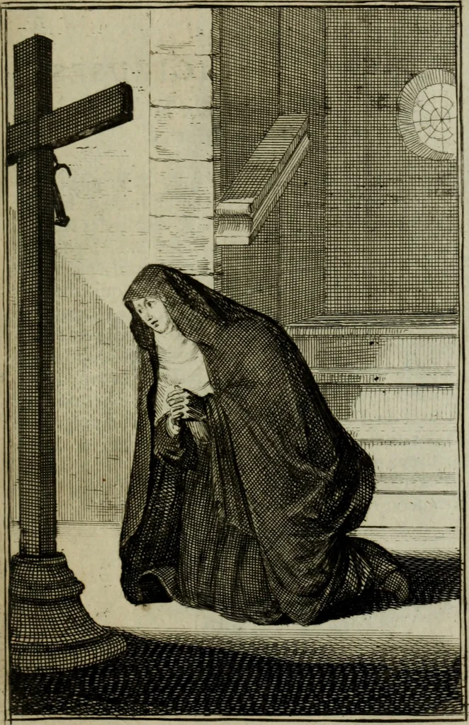 An illustration from Courte description des ordres des femmes & filles religieuses. Contenant une petite relation de leur origine, de leur progrés, & de leur confirmation. Avec les figures de leurs habits, gravez, 1691, leaf 66