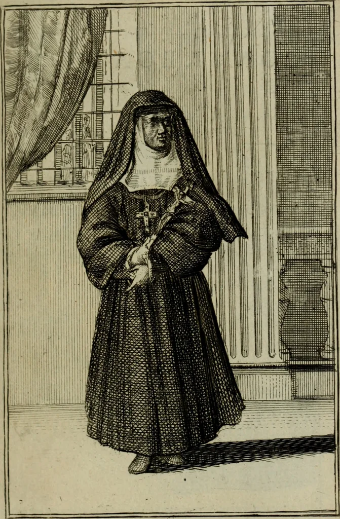 An illustration from Courte description des ordres des femmes & filles religieuses. Contenant une petite relation de leur origine, de leur progrés, & de leur confirmation. Avec les figures de leurs habits, gravez, 1691, leaf 68