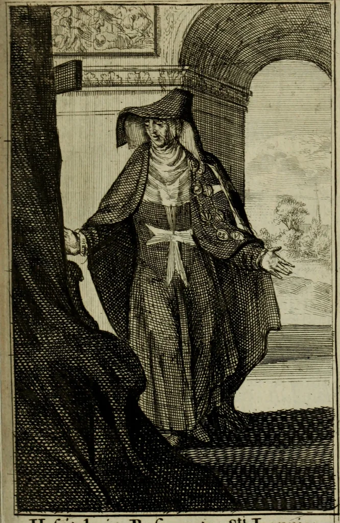 An illustration from Courte description des ordres des femmes & filles religieuses. Contenant une petite relation de leur origine, de leur progrés, & de leur confirmation. Avec les figures de leurs habits, gravez, 1691, leaf 74